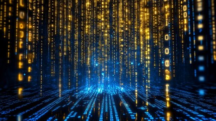  Futuristic digital cloud computing concept with holographic interface, glowing blue and golden light data streams, and abstract motion of binary code for high-tech information technology and cybersec