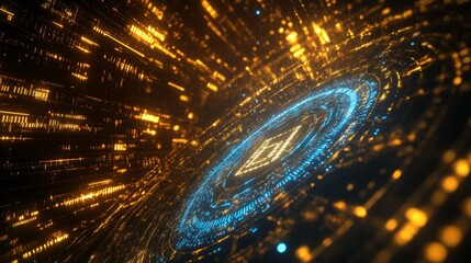  Futuristic digital cloud computing concept with holographic interface, glowing blue and golden light data streams, and abstract motion of binary code for high-tech information technology and cybersec