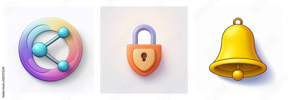 Aufkleber glossy icons depict network connection with gradient circle, secure padlock, and golden notification