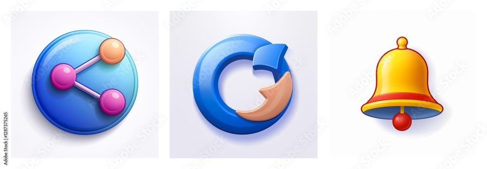 Poster glossy 3d icons depict share connection with nodes, circular refresh arrow, and golden notification 