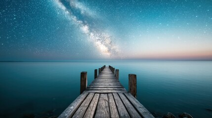 A serene wooden pier extends into calm waters under a starry sky, showcasing the Milky Way against a gradient of twilight colors.