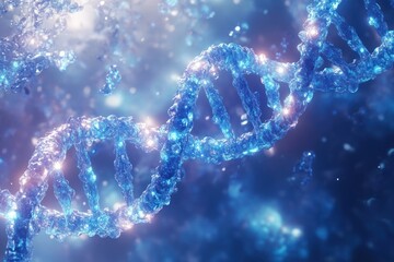 Stunning 3D Render of a DNA Double Helix, a Deep Blue Crystal Structure with Glowing Particles