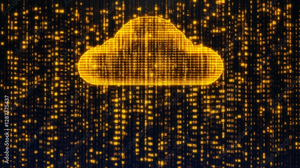 Poster futuristic digital cloud computing concept with holographic interface, glowing blue and golden light