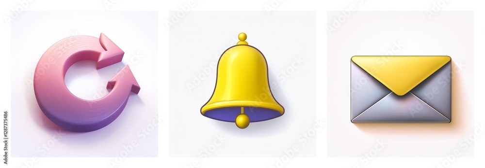 Poster three glossy icons depict refresh, notification bell, and email envelope. each icon is rendered in a