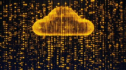  Futuristic digital cloud computing concept with holographic interface, glowing blue and golden light data streams, and abstract motion of binary code for high-tech information technology and cybersec
