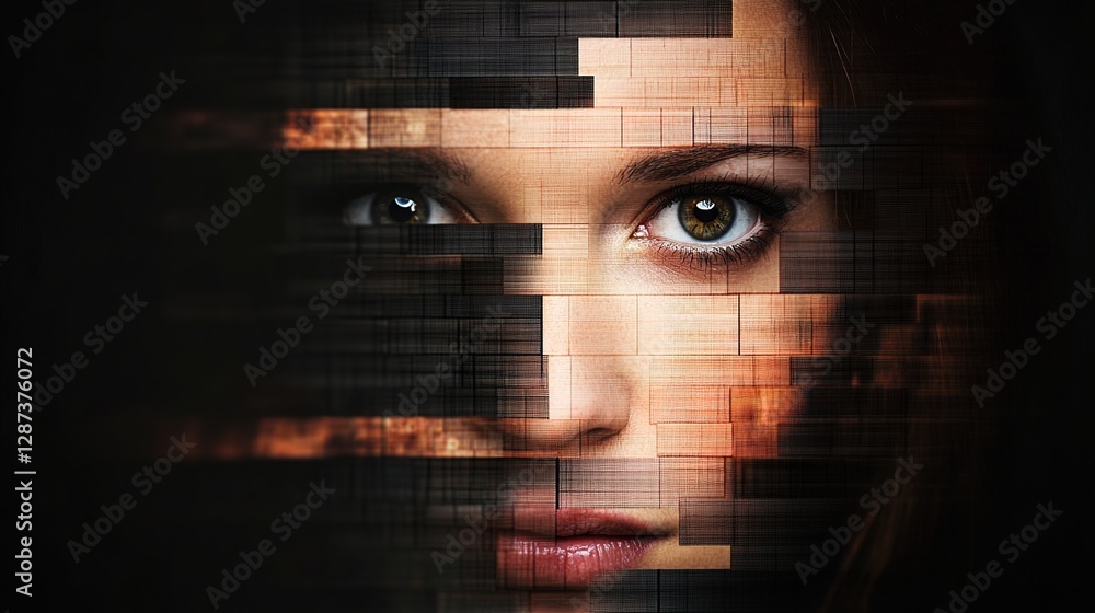 Poster abstract portrait with fragmented face and mysterious expression