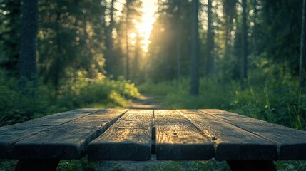 Serene Sunset in the Woods: A Wooden Picnic Table Beckons