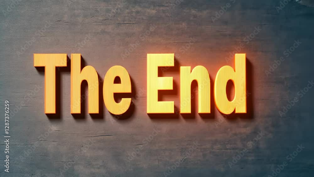 Poster the end text in gold light with glitch effect on dark background for animation loop design or dramat