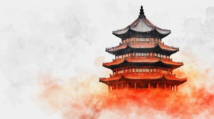Stunning Traditional Pagoda Surrounded by Abstract Watercolor Effects