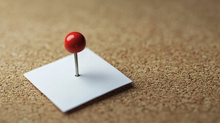 Red pin secures a blank white note on corkboard