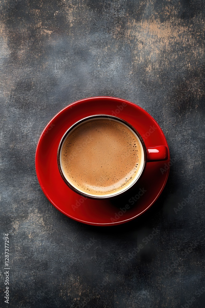 Aufkleber Top view of a red cup filled with frothy coffee on a rustic dark background creating a warm and inviting mood