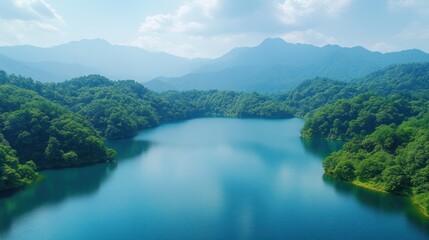 Serene Mountain Lake Vista: An Aerial View of Tranquil Nature