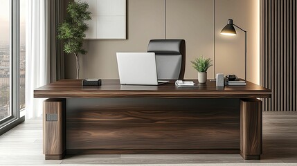 Modern Walnut Executive Office Desk Setup With Laptop
