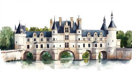 Elegant Historic Castle with Reflections in Serene Watercolor Style