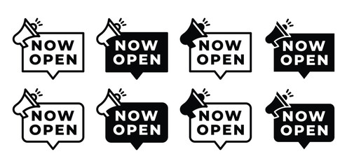 Obraz premium now open tag label banner with megaphone icon vector design black white color illustration template set