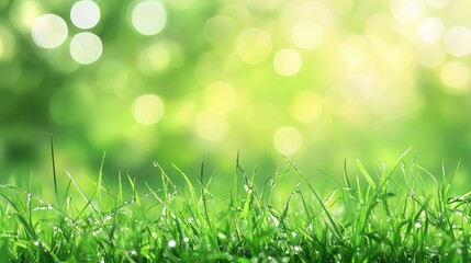 Obraz premium Morning dew glimmers on green grass blades outdoor serenity photography nature setting close-up view vibrant bokeh effects