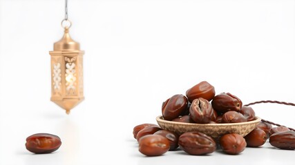 Muslim lamp and dates on white background. Space for text 