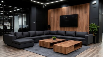Modern office lounge Dark wood, sectional sofa, TV