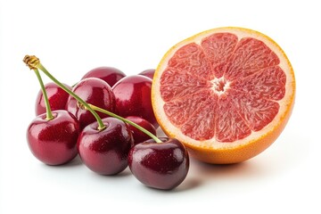 Ultra Hd Image of Tropical Farmfresh Grapefruit and Cherries Isolated on White Background