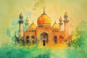 Watercolor painting depicting a golden palace with minarets and domes