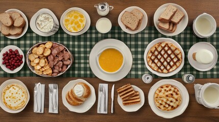 Abundant breakfast buffet table setting, overhead