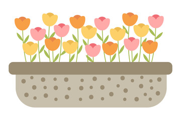 Cute design of a long flowerpot with colorful flowers, tulips in flat style. For decoration, for cards, for printing. Graphic element
