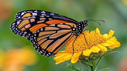 Fototapeta premium A stunning monarch butterfly delights as it lands on a bright yellow flower, its intricate wings showcasing a beautiful pattern. Sunlight filters gently through the leaves, creating a warm atmosphere.