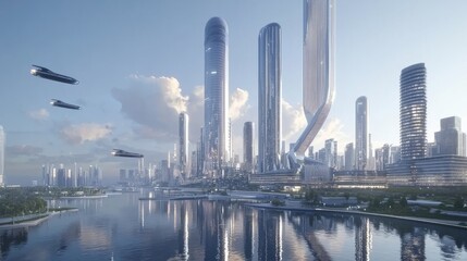 Obraz premium Futuristic Dawn Over a Scenic Canal in a Modern Cityscape
