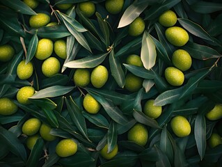 Lush olive branch with vibrant green olives and leaves in a close up shot capturing the natural beauty and texture