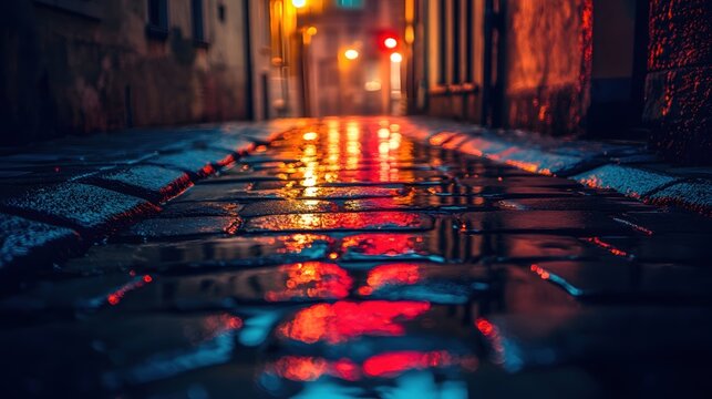 Moody urban night scene reflecting city lights on wet cobblestone street in a narrow alleyway at twilight