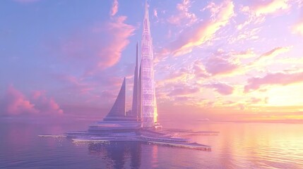Majestic Sunset Glow Over Towering Solar Structures by the Sea