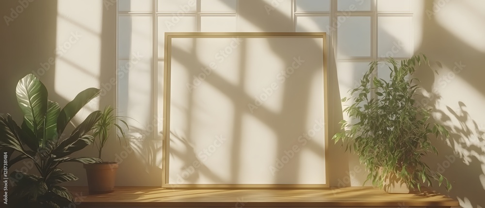 Poster sunlight streaming through window illuminating blank frame mockup with indoor plants casting soft sh
