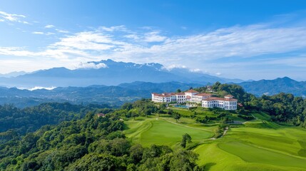 Fototapeta premium A luxury resort and golf course is nestled on a lush green hill with a majestic mountain range under a blue sky in the background.