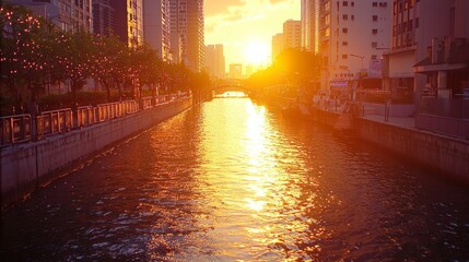 Beautiful Sunset Rays Glistening on Water With Cityscape Background