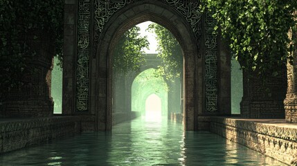 Fototapeta premium Ornate Gateway of the 22nd Century with Greenery and Water Reflection