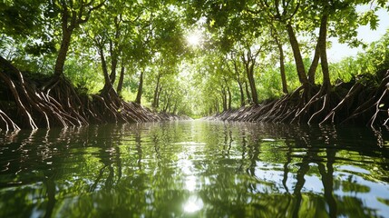 Obraz premium Tranquil Orchard Scene with Sunlight Filtering Through Tree Canopy