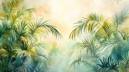 Captivating watercolor painting tropical paradise artwork art studio close-up lush green palm leaves