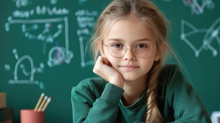 Curious Schoolgirl in Glasses Posing Confidently Against Chalkboard with Mathematical Equations