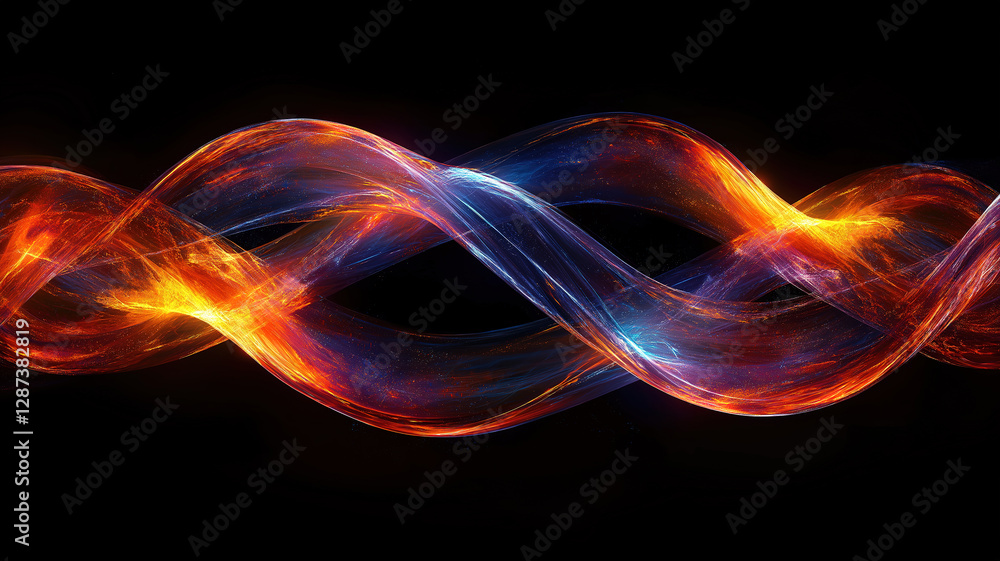 Poster a luminous double helix of intertwined glowing streaks creating a futuristic visual effect