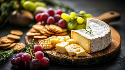 Assorted cheese platter with grapes, crackers, and herbs on a wooden board in a cozy kitchen setting