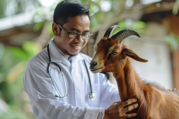 Asian Muslim Veterinarian Medical Check Up Farm Animal Doctor Check the Goat Health
