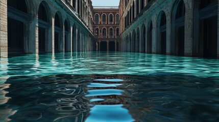 Obraz premium Serene Water Level in Architectural Space with Reflections and Depth