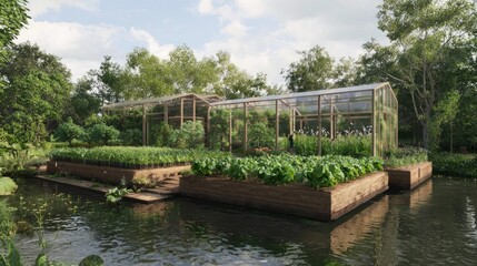 Obraz premium Floating Communal Farm Spaces Surrounded by Lush Greenery