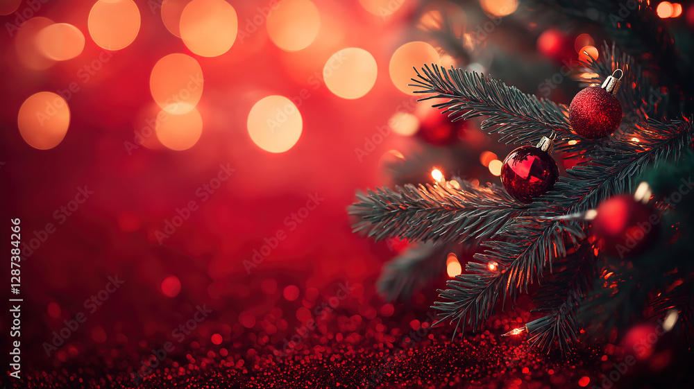 Poster a merry christmas card design with a glowing tree and sparkling bokeh lights against red canvas