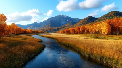 Autumnal River Flowing Through Golden Meadow with Distant Mountains Under Blue Sky