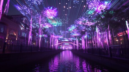 Colorful Night Festival Lights Illuminating the Sky Over Waterway