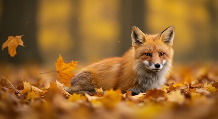 Fototapeta premium A beautiful red fox rests on golden autumn leaves in a peaceful forest. The warm tones of fall create a cozy, dreamy atmosphere, highlighting the elegance and serenity of nature.