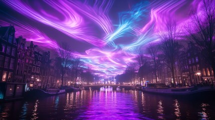 Fototapeta premium Vibrant Night Festival Sky with Swirling Lights Over Waterway