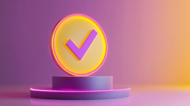 Golden checkmark icon on a neon podium with a gradient background, vibrant colors and futuristic style. Validation and approval concept - Powered by Adobe
