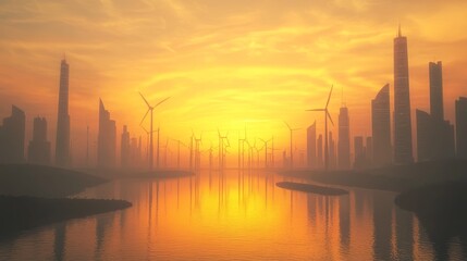 Radiant Mid-Morning Reflection in Urban Landscape with Wind Turbines